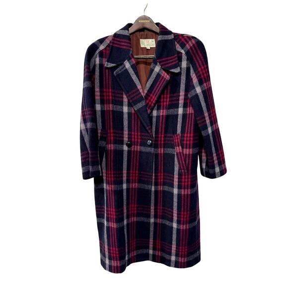 Sezane Vintage XL Oversized Slouchy 100% WOOL Plaid Coat Long Jacket Trench Blue - Picture 2 of 11